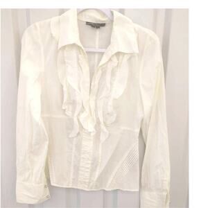 ECI Dress Top Blouse Sz 10 Ruffled Torso Pearl Buttons Cream Long Sleeve